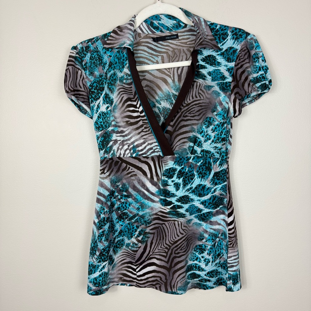 Maurices Babydoll Top Women XS Blue Brown Animal Print Y2K Collared Shirt